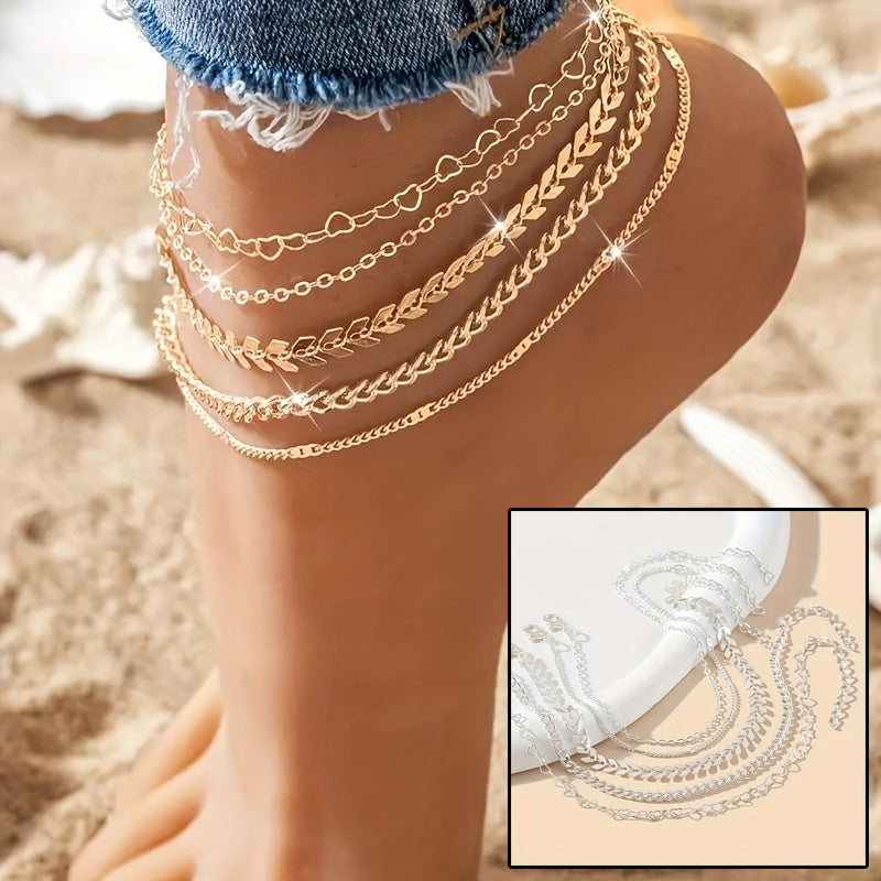 Bohemian 5-Piece Anklet Set – Heart & Airplane Charms