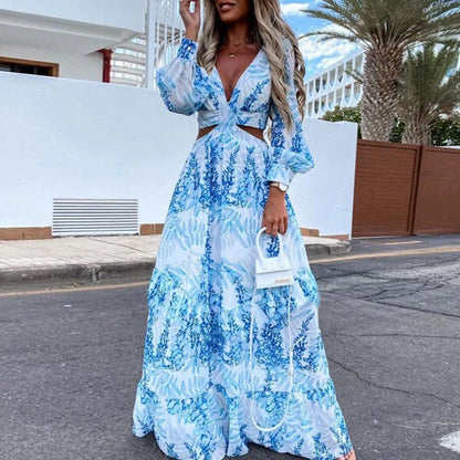 Sexy Hollow V-Neck Bohemian Print Maxi Dress