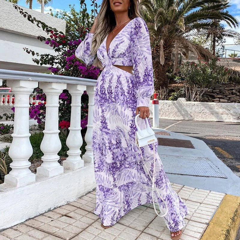 Sexy Hollow V-Neck Bohemian Print Maxi Dress