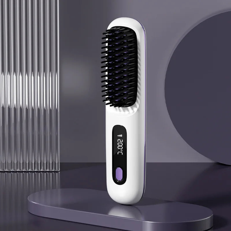 "Portable LCD Hair Straightener Brush - Cordless & Anti-Scald"