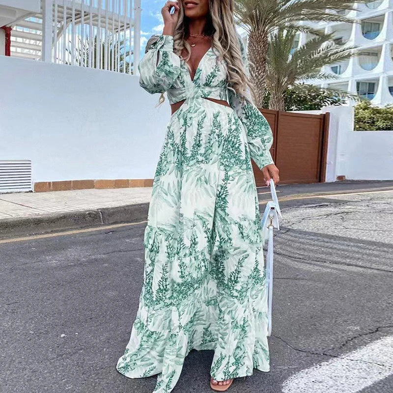 Sexy Hollow V-Neck Bohemian Print Maxi Dress