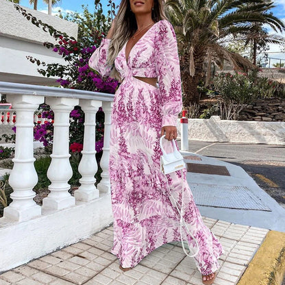 Sexy Hollow V-Neck Bohemian Print Maxi Dress