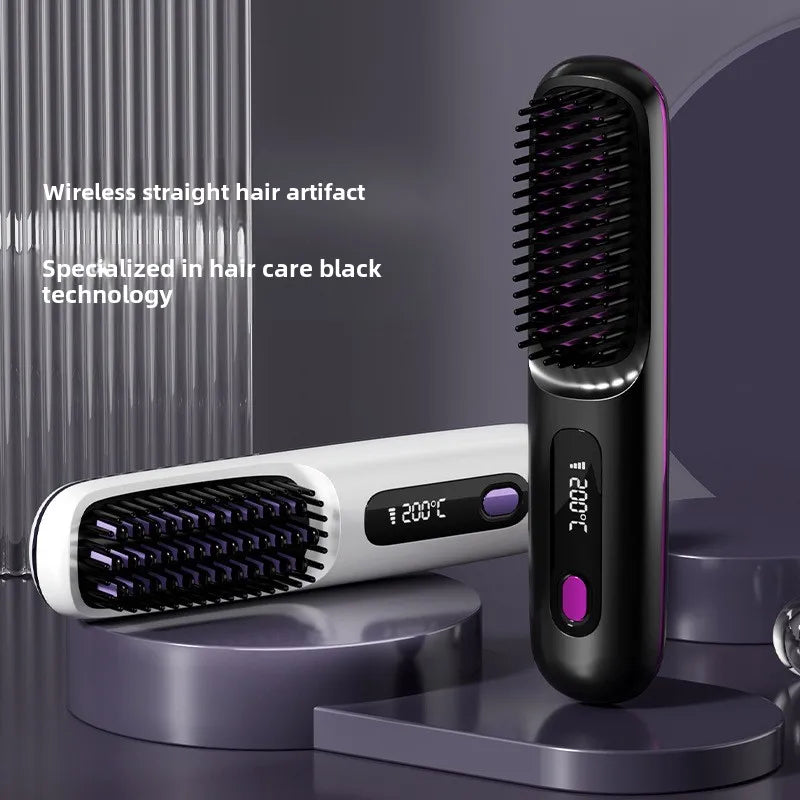 "Portable LCD Hair Straightener Brush - Cordless & Anti-Scald"