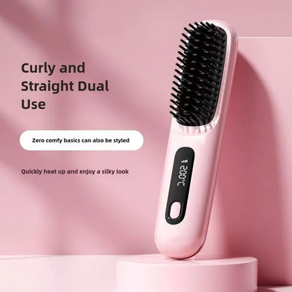 "Portable LCD Hair Straightener Brush - Cordless & Anti-Scald"