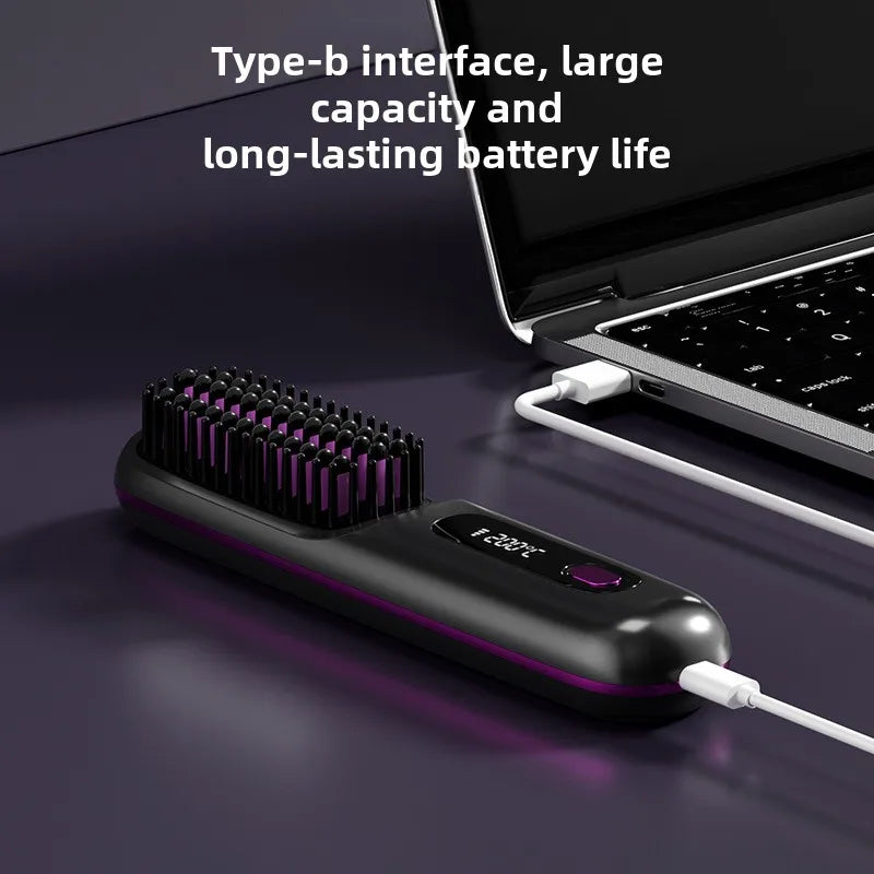 "Portable LCD Hair Straightener Brush - Cordless & Anti-Scald"