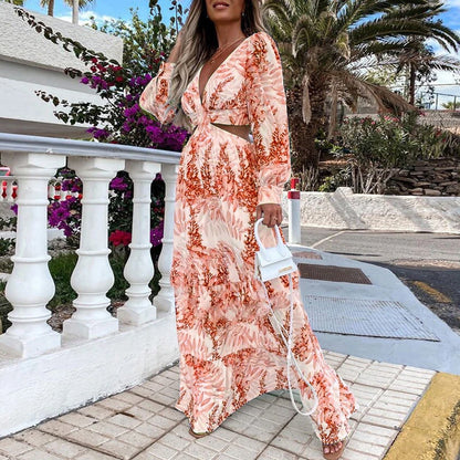 Sexy Hollow V-Neck Bohemian Print Maxi Dress