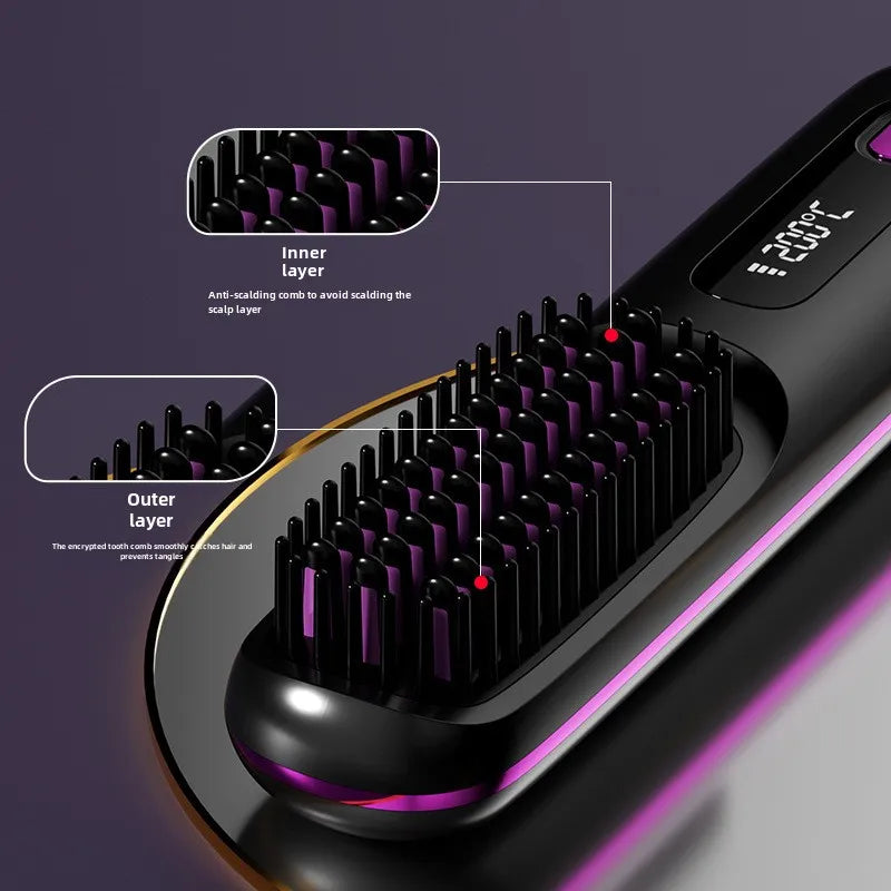 "Portable LCD Hair Straightener Brush - Cordless & Anti-Scald"