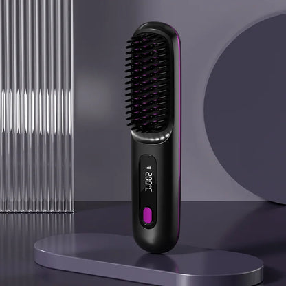 "Portable LCD Hair Straightener Brush - Cordless & Anti-Scald"