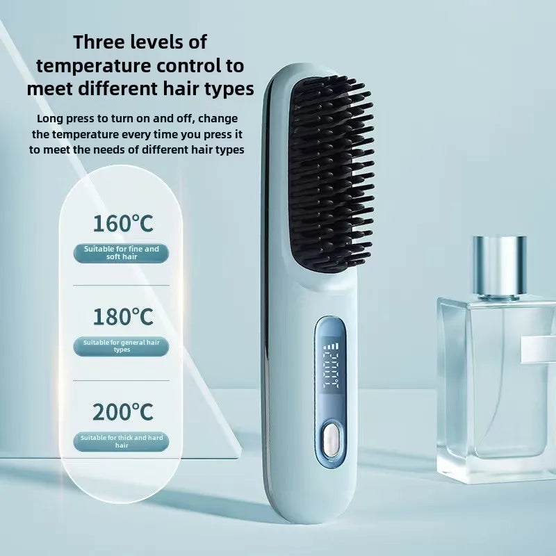 "Portable LCD Hair Straightener Brush - Cordless & Anti-Scald"